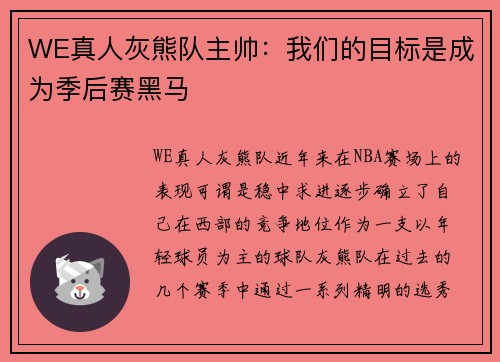 WE真人灰熊队主帅：我们的目标是成为季后赛黑马